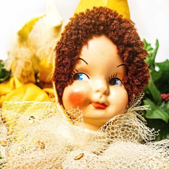 1950’s VTG Christmas Pixie Elf Doll Poseable Yellow Satin - Picture 11 of 12